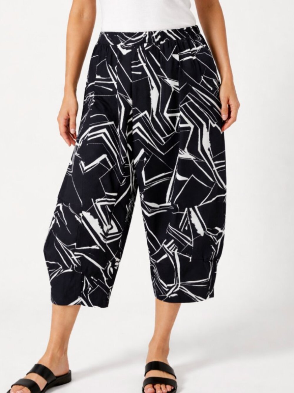 Chalet et Ceci Abstract Print Cropped Wide Leg Pants Black White Pull-On Sz M